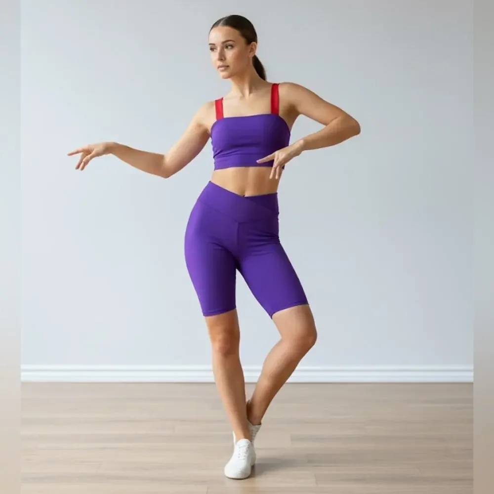 SET Theatricals dance 2 piece Purple Red Dancewear Crop Top Biker Shorts adult